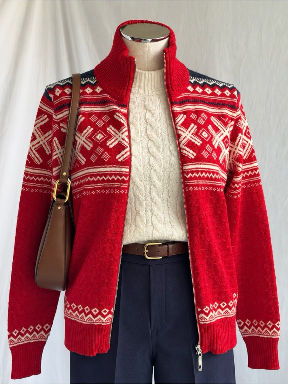 Dale of Norway Wool Nordic Fair Isle Full Zip Sweater Jacket Red M